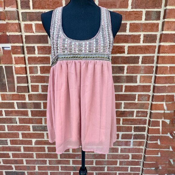 Freeway Flowy Embellished Babydoll Top Sleeveless Pink Med - Picture 1 of 9